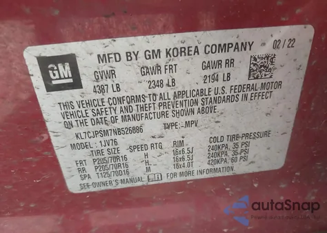 2022 Chevrolet Trax Awd Lt z USA, uszkodzony, nr VIN KL7CJPSM7NB526086